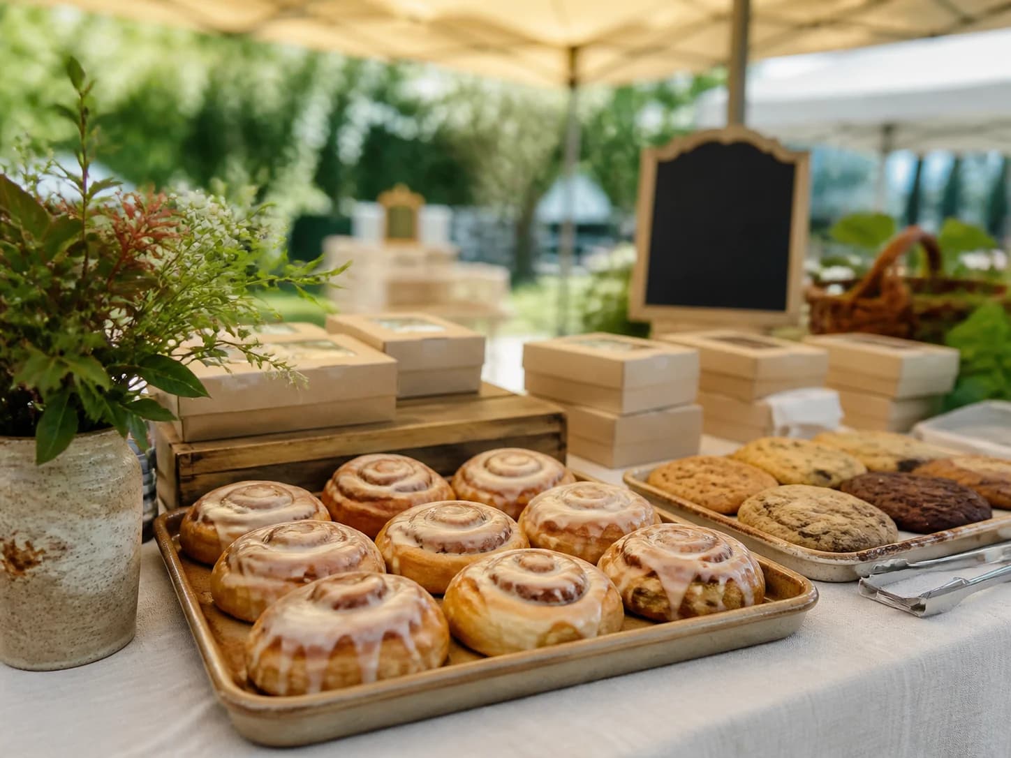 Trays of cinnamon rolls and cookies on a bakery table at an outdoor market.